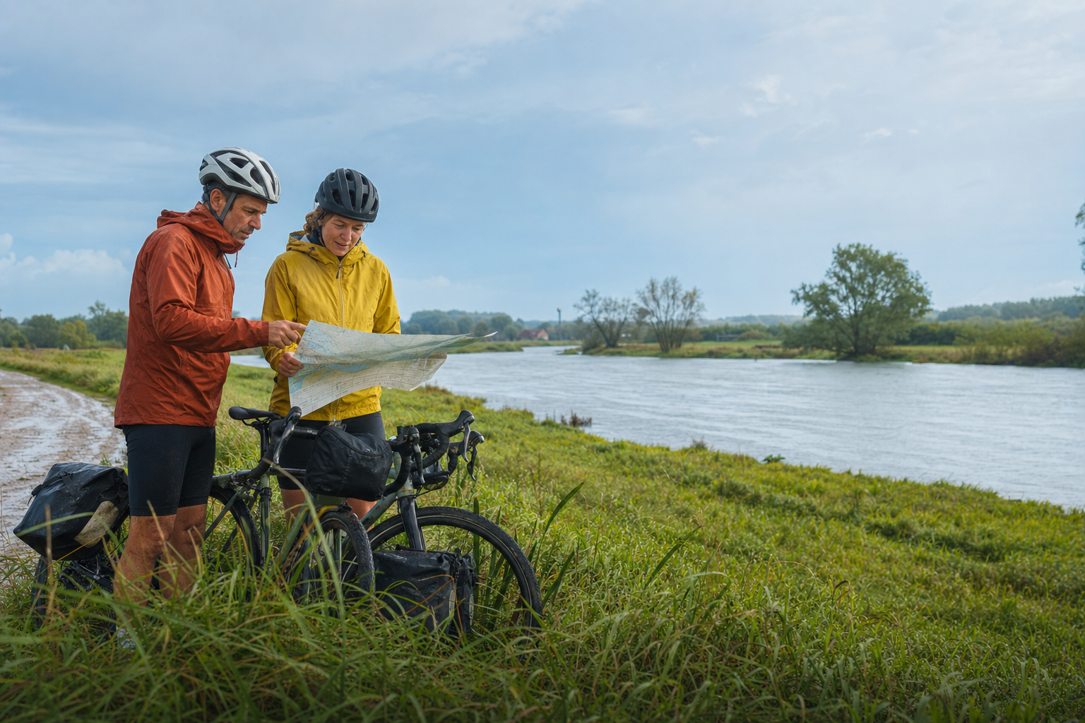 Twee fietsers bekijken een papieren kaart naast hun bepakte fietsen bij een rivier