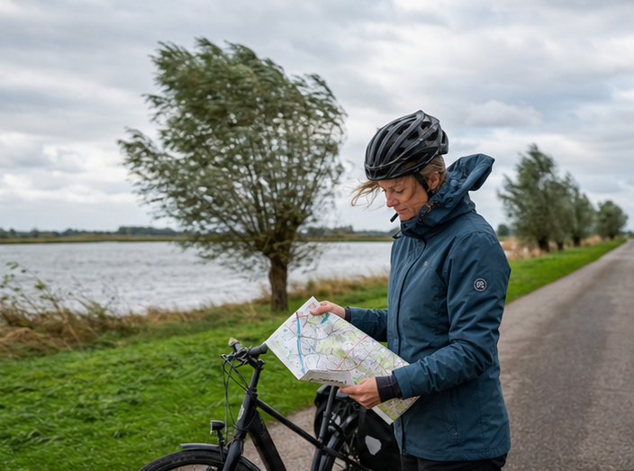 Fietser kiest een beschutte route bij stevige tegenwind in open Nederlands landschap