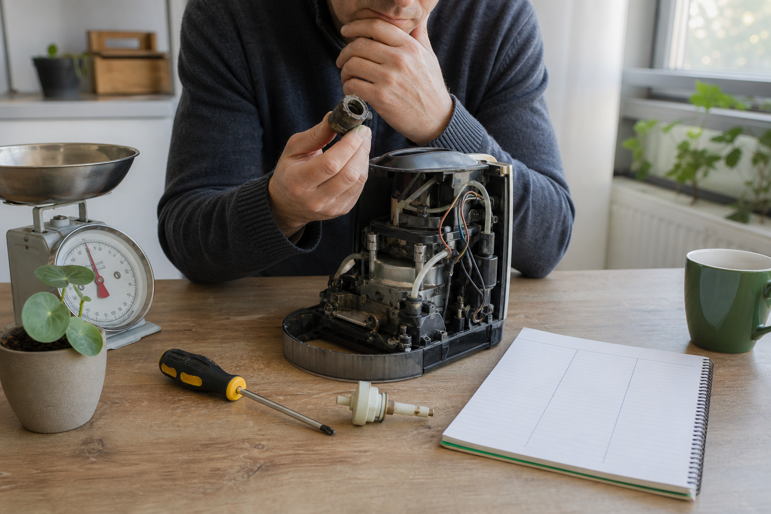 Huishoudelijk apparaat, reparatiegereedschap en notities voor een rustige reparatieafweging