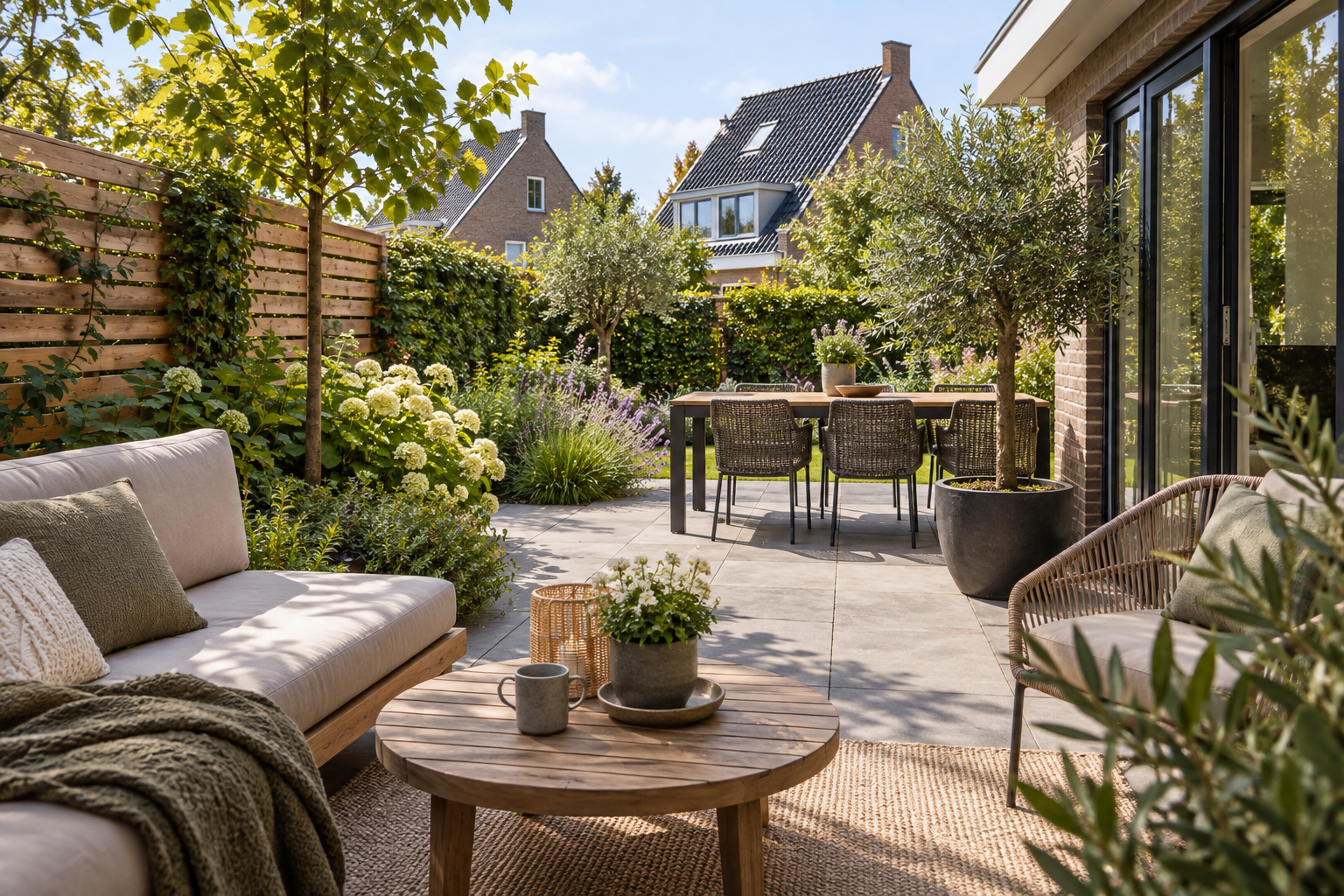 Illustratie: terras met gedeeltelijk privacyscherm en beplanting