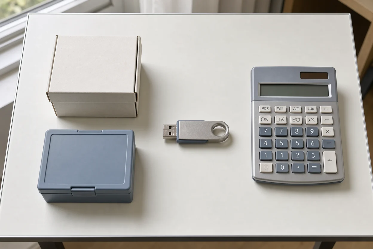 diadoosjes naast een eenvoudige rekenmachine en een USB-stick op een tafel