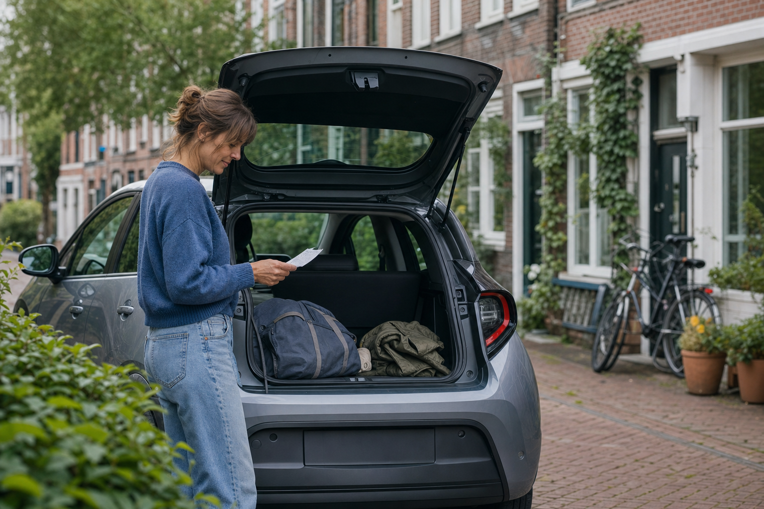 Vrouw pakt een weekendtas in de kofferbak van een compacte elektrische auto