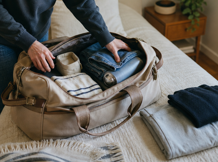 Compacte weekendtas met een kleine, overzichtelijke selectie kleding en reisbenodigdheden